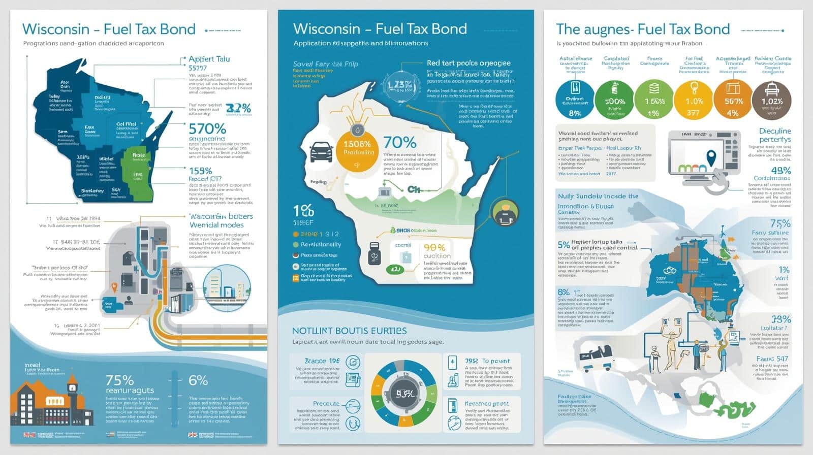 Infographic with Wisconsin maps and charts highlighting application steps, requirements, and benefits of the fuel tax bond.