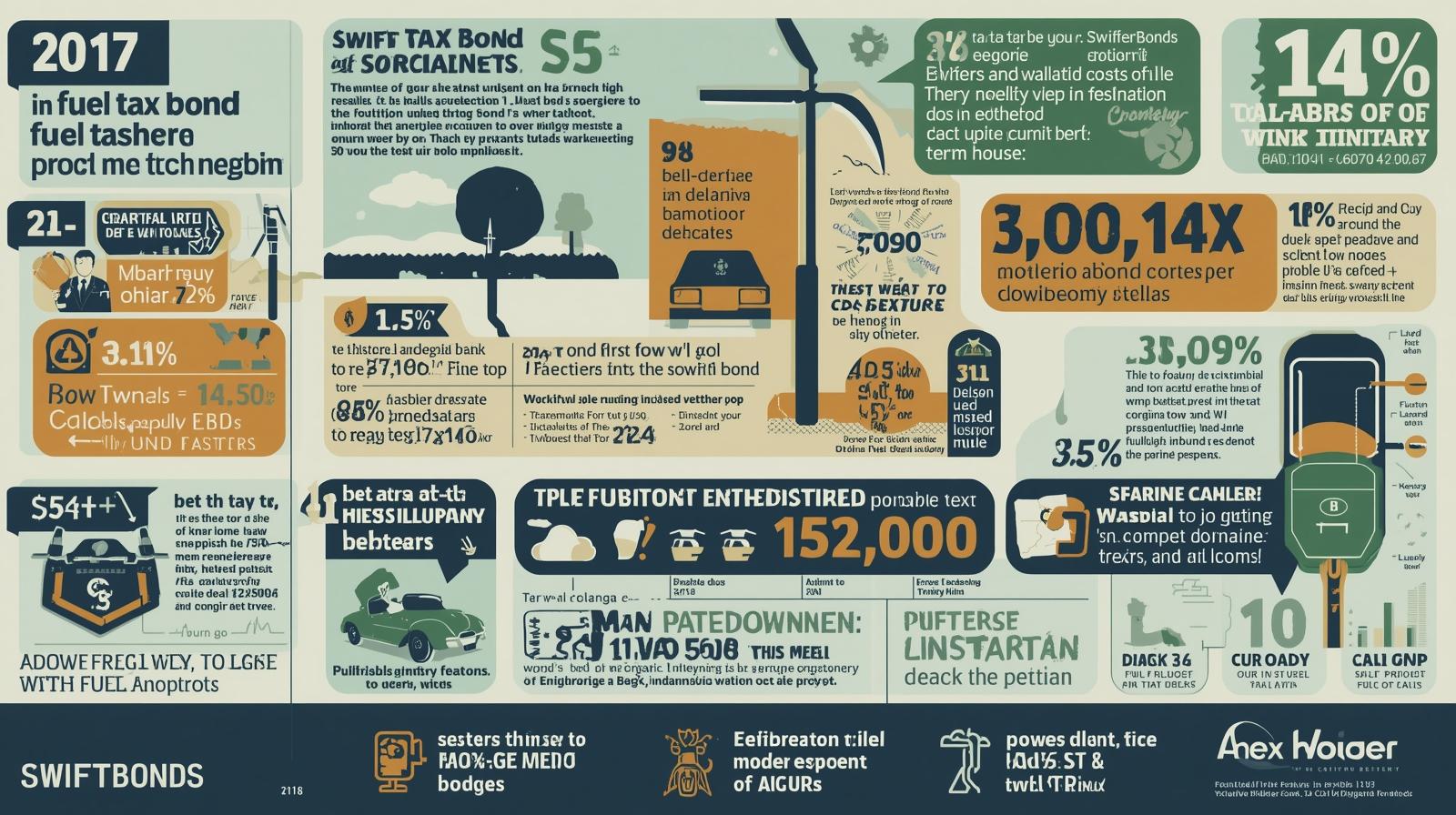 Infographic showing 2017 Wisconsin fuel tax bond requirements, rates, and compliance statistics with charts and icons.