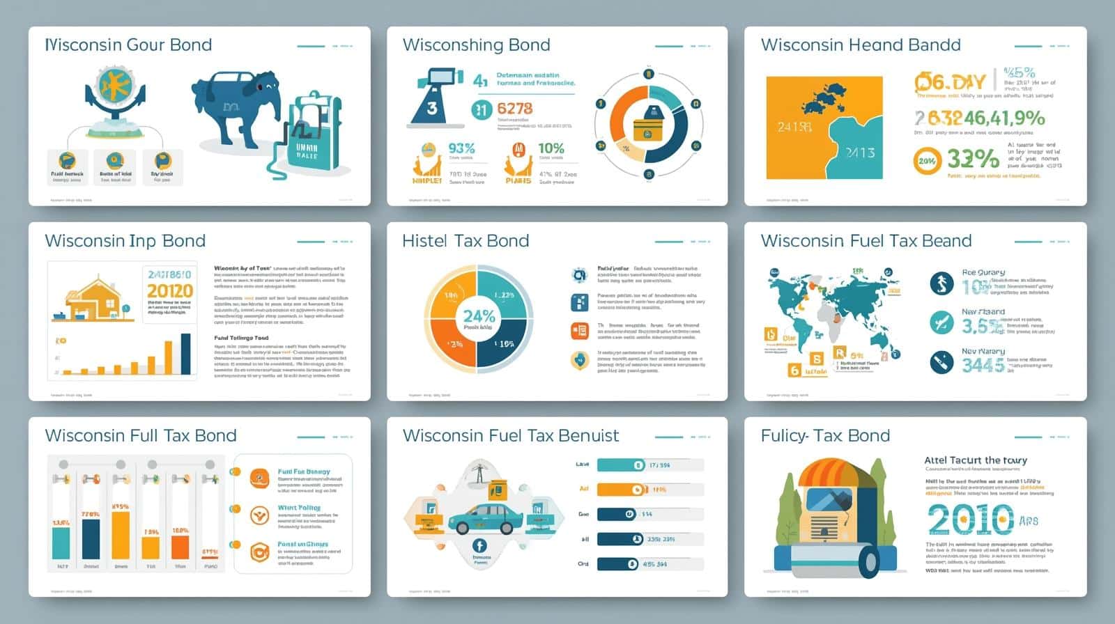 Visual breakdown of Wisconsin fuel tax bonds with graphs, pie charts, and global impact indicators.