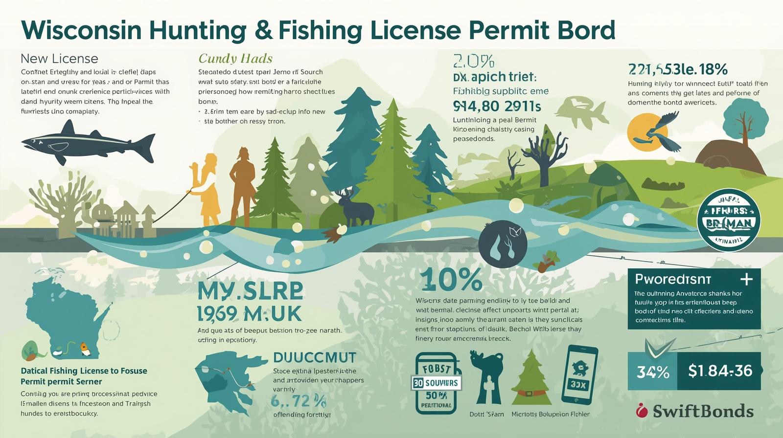 Infographic using outdoor and wildlife visuals to explain the purpose and compliance of the Wisconsin Hunting and Fishing License Permit Bond.