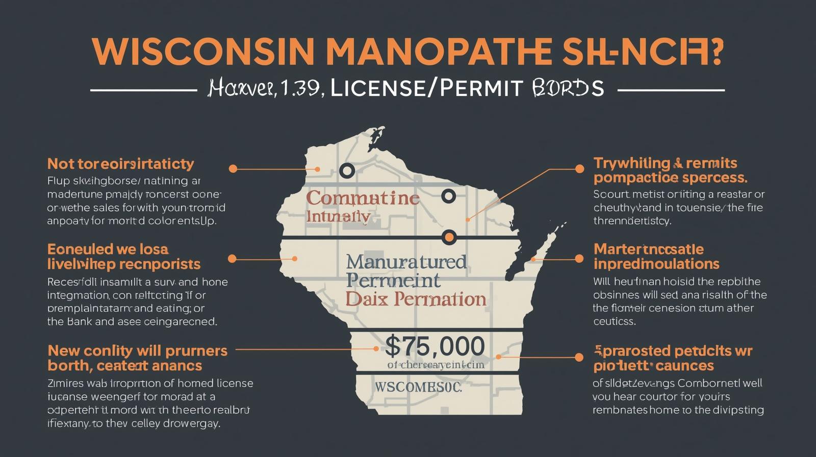 Infographic showing Wisconsin Manufactured Home Dealer $75,000 bond requirements with a state map and compliance notes.
