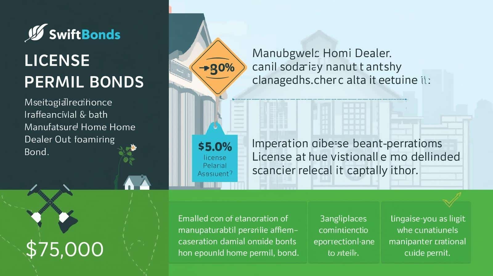 SwiftBonds infographic highlighting license permit bonds for manufactured home dealers with a ,000 bond figure.