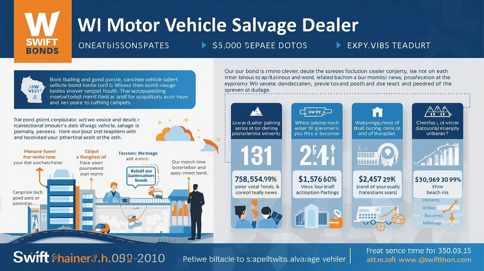 Infographic explaining the Wisconsin Motor Vehicle Salvage Dealer Bond requirements and compliance obligations.