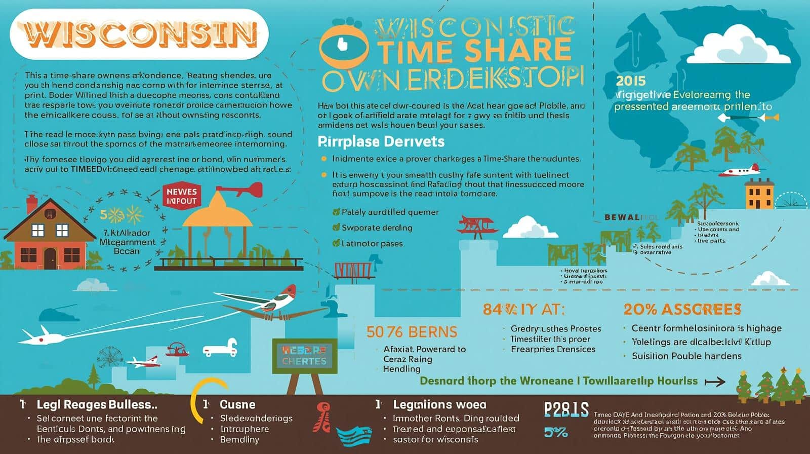 Colorful infographic about Wisconsin Time Share Ownership Bond with icons, text blocks, and illustrations.