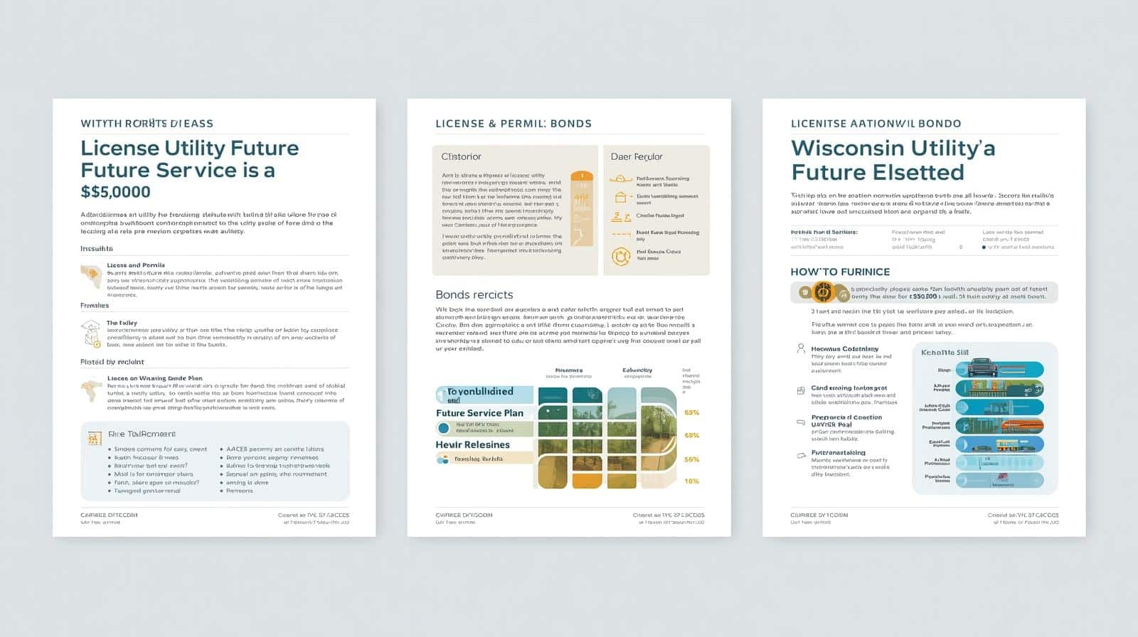 Document-style infographic summarizing Wisconsin Utility Future Service Plan bond licensing, compliance requirements, and service obligations with diagrams and text blocks.
