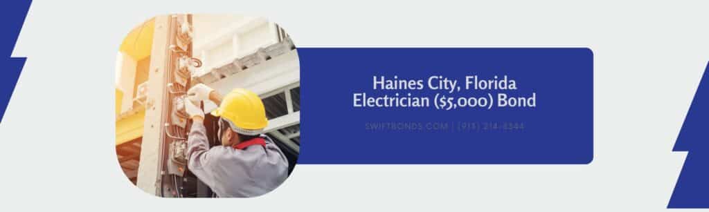 Haines City, Florida Electrician ($5,000) Bond - Electrician in a gray uniform wears gloves and a helment installing a power meter on an electricity pole.