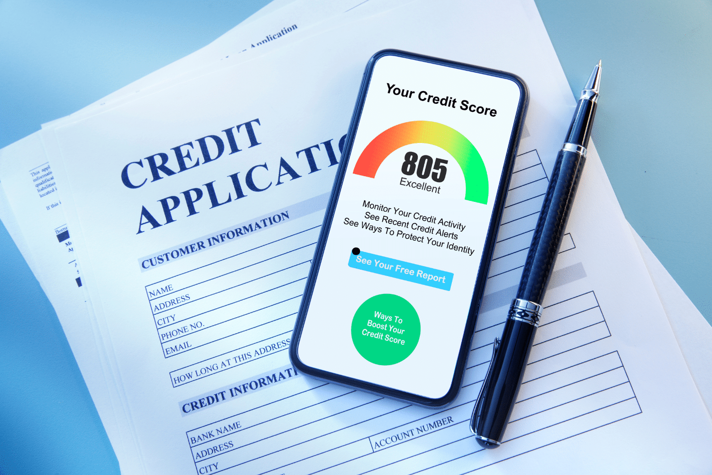 Smartphone displaying an excellent credit score of 805 on top of a credit application form.
