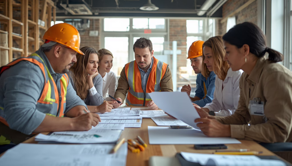 Contractors and project stakeholders reviewing building permit performance bond paperwork for a California construction project