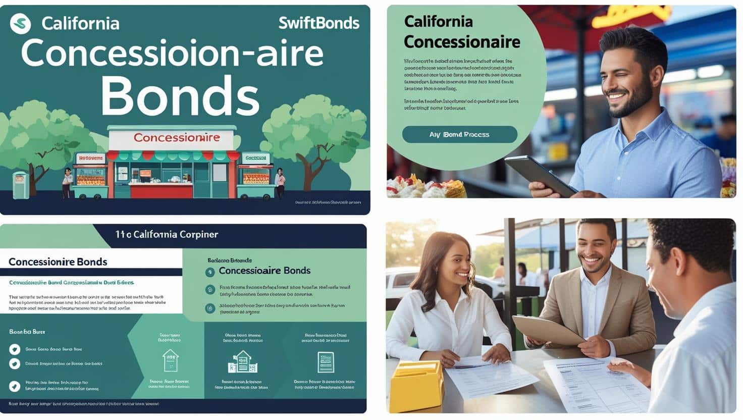 Mixed graphic and photo layout showcasing concession stands and California Concessionaire Bond information.