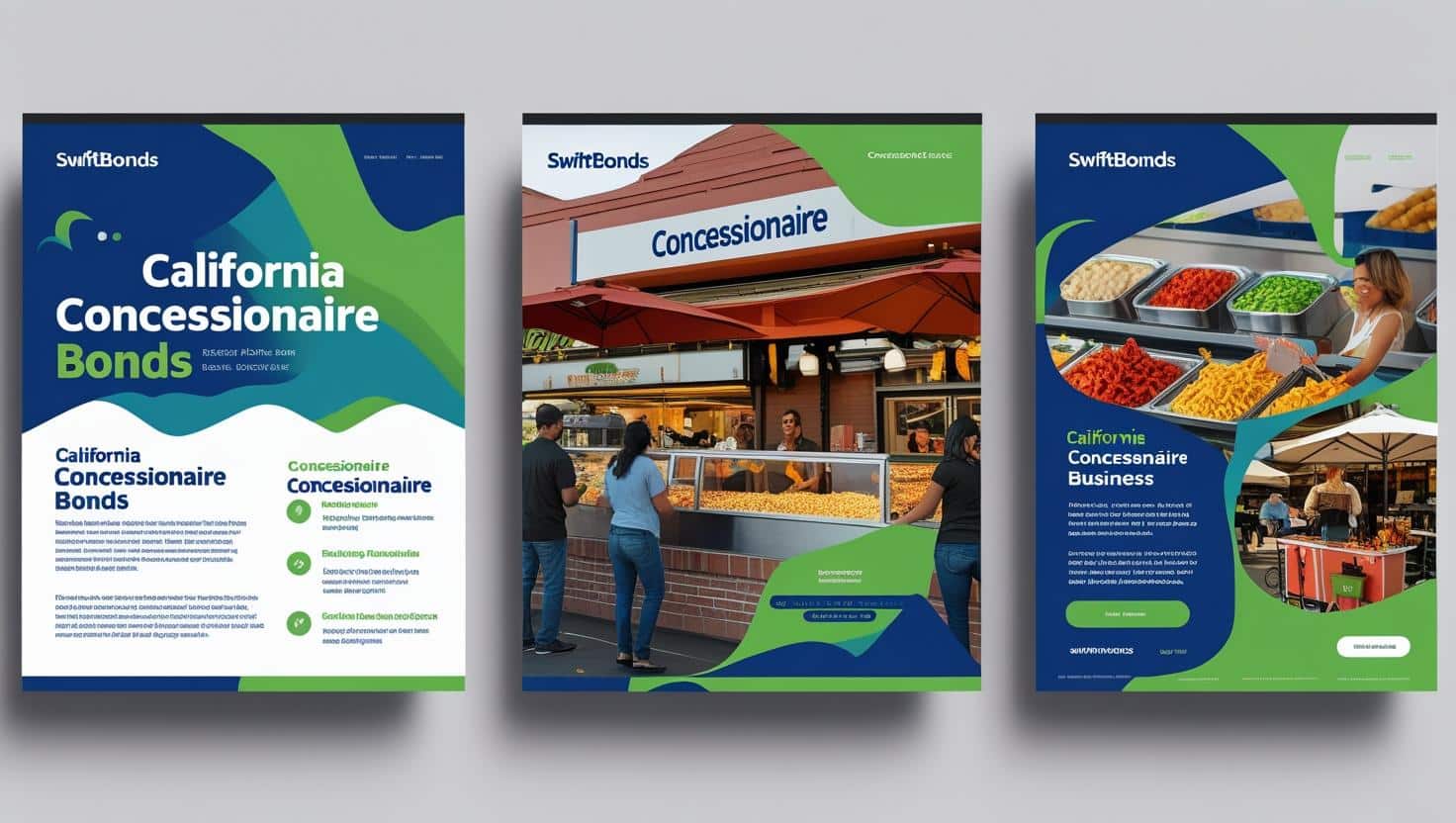 Promotional posters featuring California Concessionaire Bonds with images of concession food vendors.