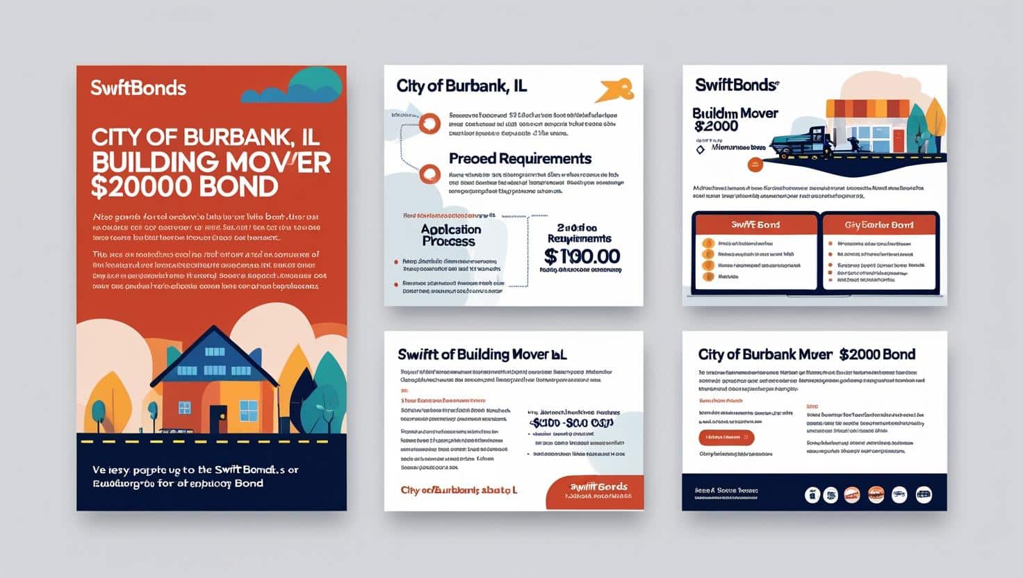 Illustrated infographics and application details explaining the City of Burbank, IL ,000 building mover bond requirements.
