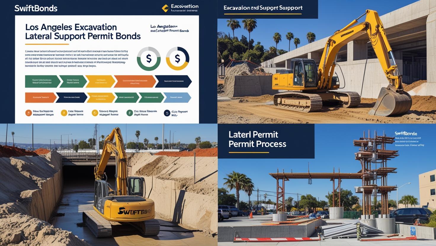 Graphic overview of Los Angeles excavation and lateral support permit bonds with process flow and site photos.