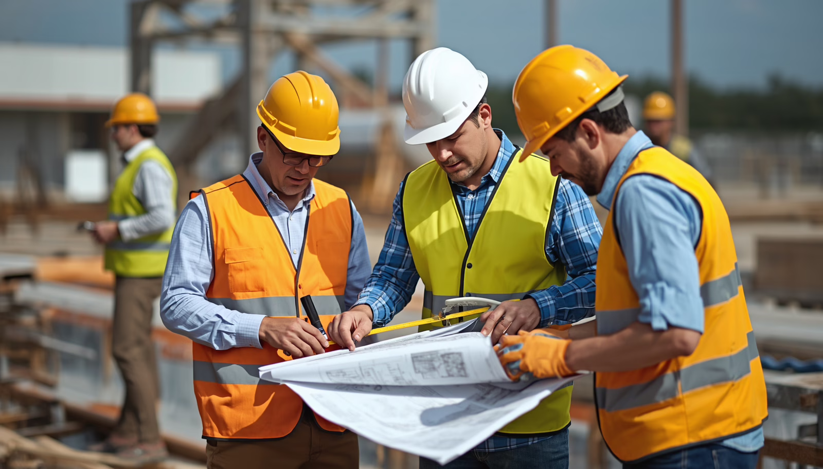 Construction contractors reviewing project blueprints and site plans under City of New Castle, DE Contractor License ($10,000) Bond requirements.