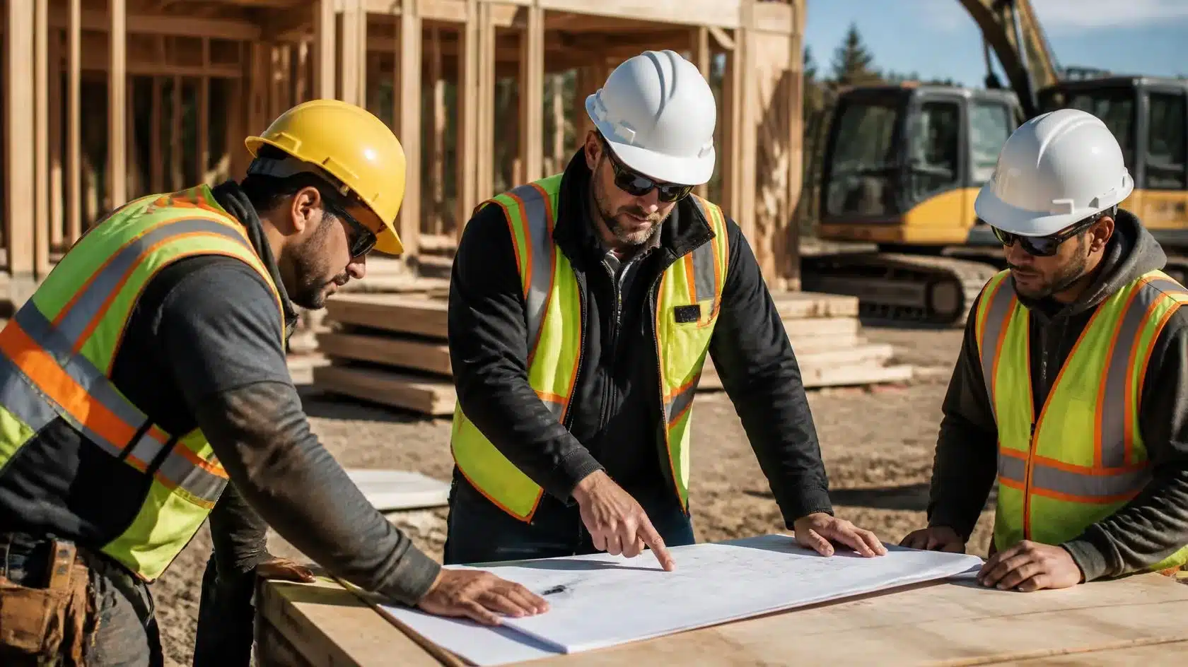 General contractors reviewing blueprints at a residential construction site with wood framing