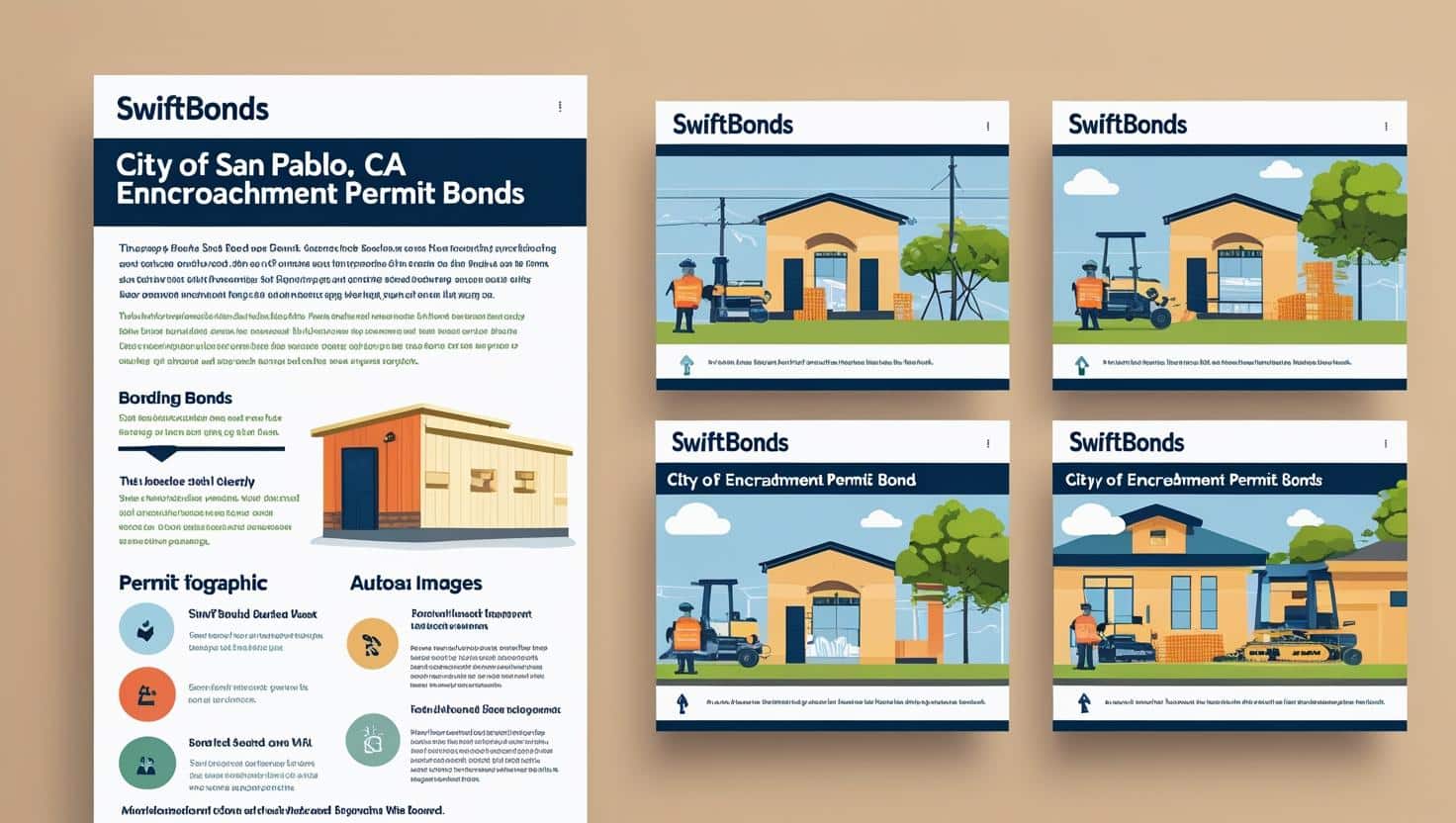 Illustrated guide to City of San Pablo, CA Encroachment Permit Bonds featuring construction scenes and permit process icons.