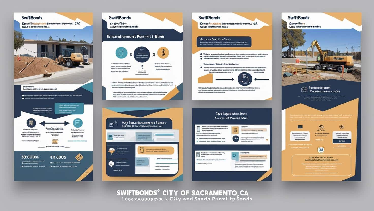 Infographic explaining SwiftBonds' City of Sacramento, CA and City of Sands encroachment permit bond process with visuals of construction equipment.