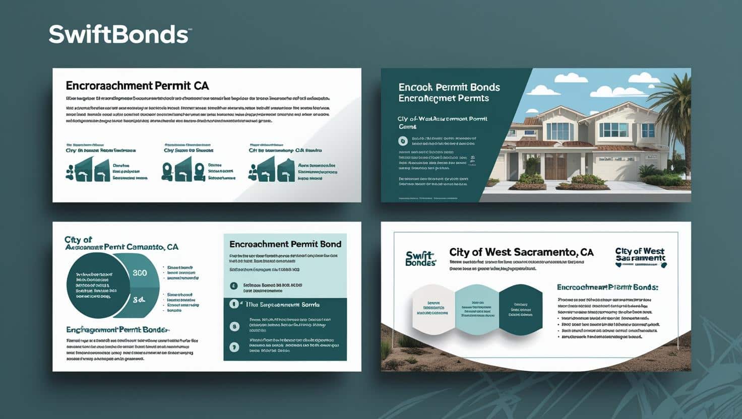 Graphic overview of California encroachment permit bonds featuring icons and housing imagery for the City of West Sacramento, CA.