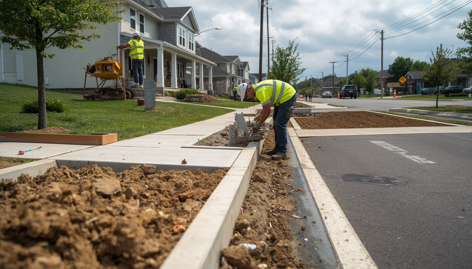 Workers installing new curbs and sidewalks in a suburban neighborhood, illustrating infrastructure work covered by a Connecticut curb and sidewalk bond requirement.