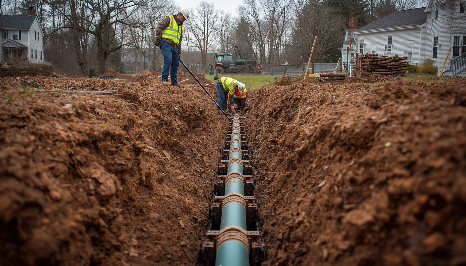 Construction crew performing trenching and utility pipe installation for residential drainage systems covered by the Enfield, CT Drain Layer Bond.
