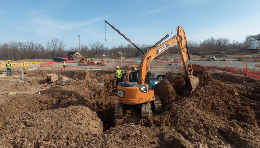 Excavation contractors managing earthmoving and foundation preparation at a Connecticut commercial construction site with heavy machinery.