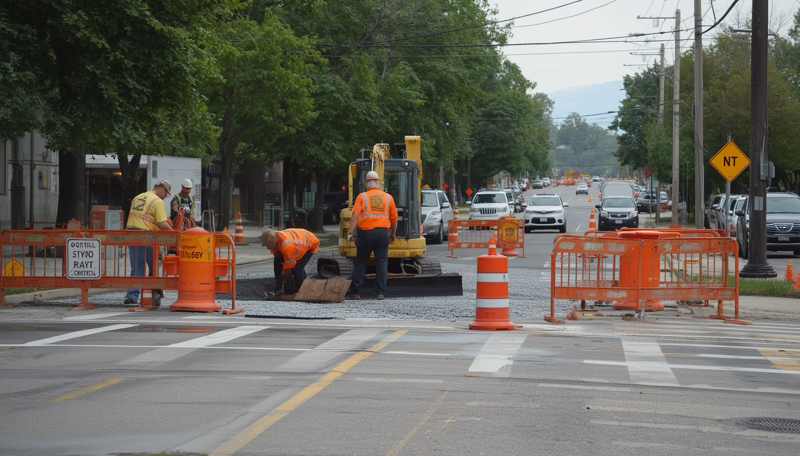 Municipal street repair under a Connecticut road opening permit with crews restoring pavement and maintaining traffic safety.