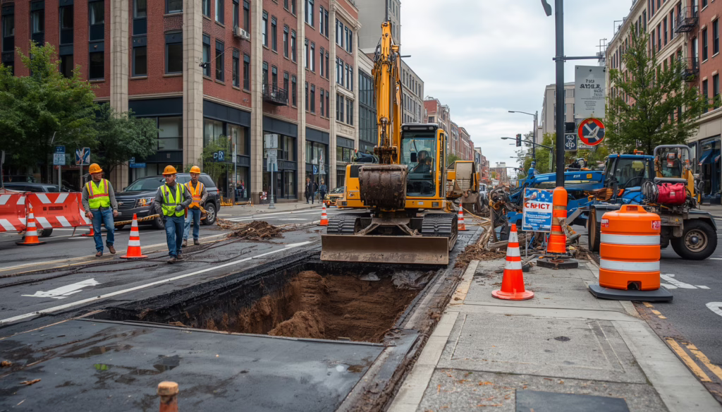 Street excavation crew restoring pavement under a Stamford, CT street opening or excavating bond project with traffic control barriers and safety cones.