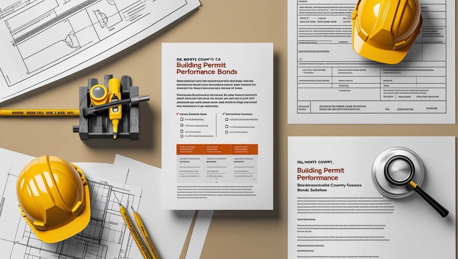 Construction documents, hard hats, and a Del Norte County, CA building permit performance bond form on a desk.