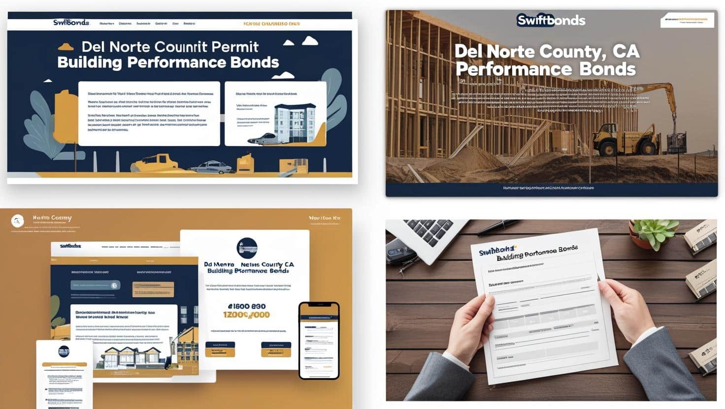 Website mockups and marketing materials for Del Norte County, CA building permit performance bonds.