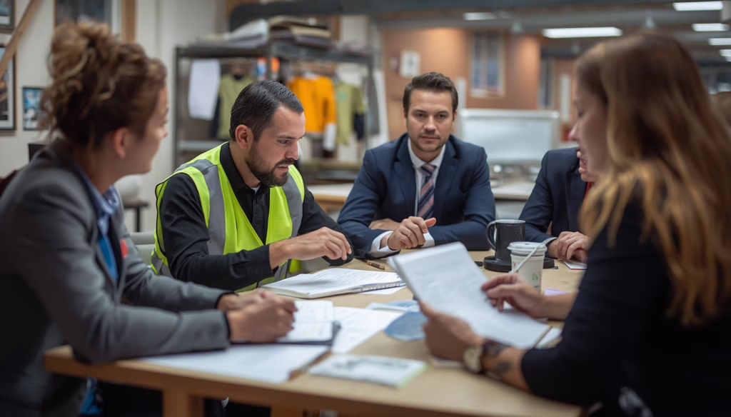 Contractors and city inspectors discussing sidewalk and street encroachment permit bond requirements for public infrastructure work in San Pablo, California.