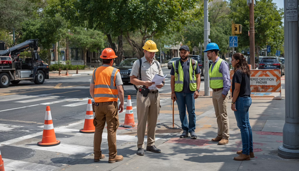 Construction crew reviewing City of San Pablo, CA encroachment permit bond documents and public right-of-way compliance requirements at an active roadway project site.