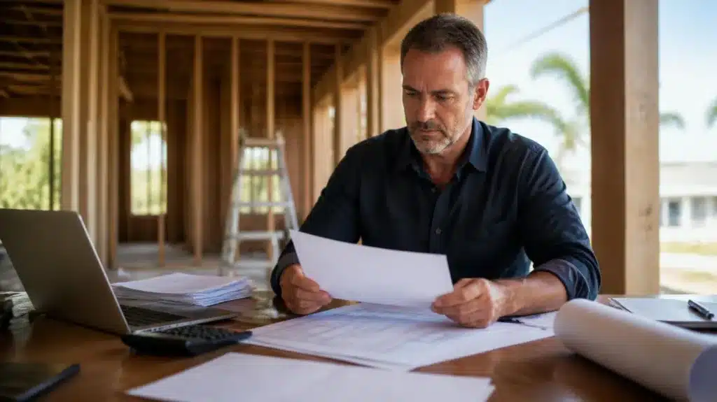Licensed Florida contractor reviewing project paperwork and permit requirements in a construction office before work begins.