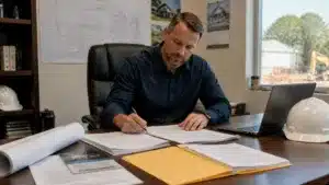 Licensed Florida contractor inspecting construction plans and permit paperwork in an office before project approval.