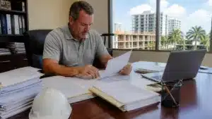 Florida contractor reviewing permit documents for a residential construction project before beginning licensed building work.