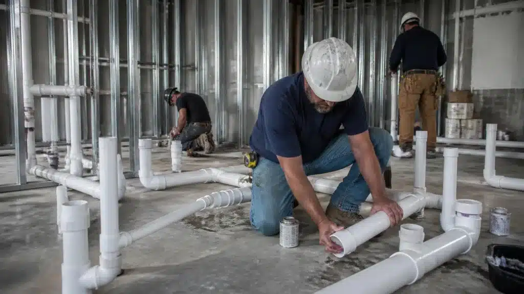 Florida plumbing contractor installing copper and PVC plumbing systems during commercial building construction.