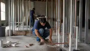 Florida plumbing contractor assembling commercial plumbing infrastructure with PVC piping and fixtures.