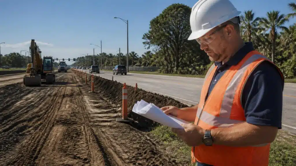 Contractor reviewing right-of-way permit plans beside a Florida highway construction project to ensure regulatory compliance.