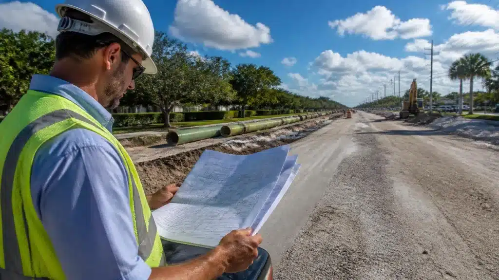 Construction supervisor inspecting documents for a Florida right-of-way permit while overseeing roadside excavation and traffic control.