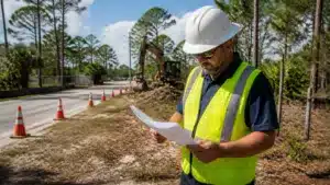 Engineer examining blueprints for a Florida right-of-way permit project during road excavation and utility installation work.