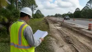 Florida right-of-way permit contractor reviewing project plans at an active roadway construction site before permit compliance inspection.