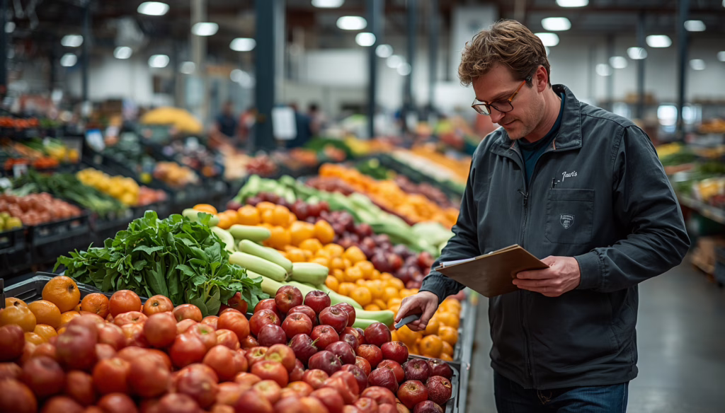 Grocery produce manager conducting fruit and vegetable inspection procedures related to California surety bond regulations