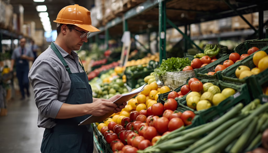 Warehouse produce inspector checking fresh fruits and vegetables for California fruit and vegetable inspection fee bond compliance