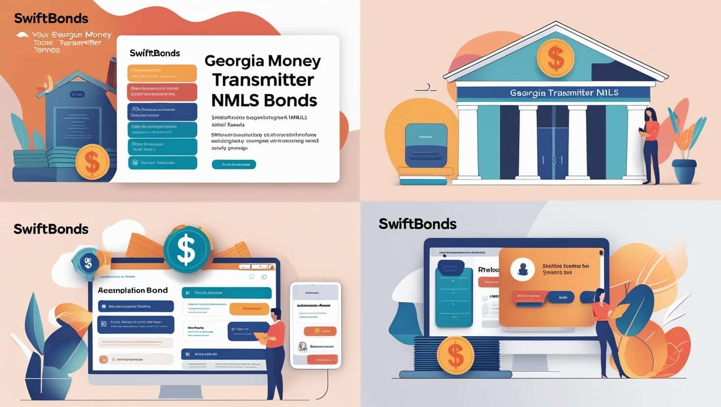 Visual overview of Georgia Money Transmitter NMLS Bonds with bonding benefits, licensing steps, and financial security icons.