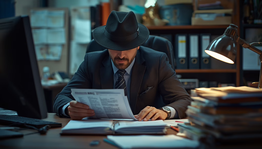 Private detective examining reports and records at a workstation, showcasing Hawaii Private Detective Agency Bond protection and ethical investigative practices.