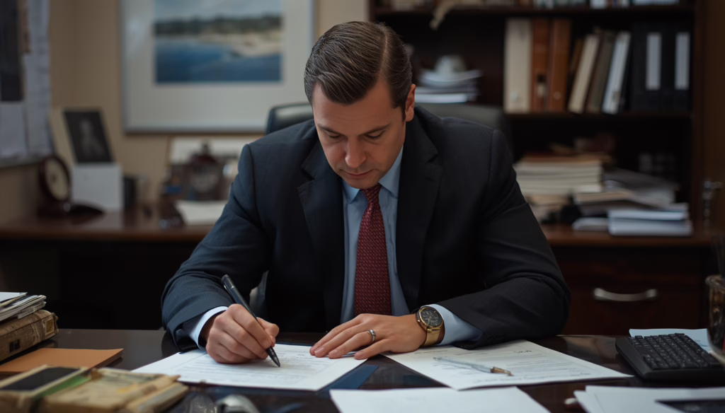 Private detective reviewing case files and legal documents in an office, illustrating Hawaii Private Detective Agency Bond requirements and professional investigations.