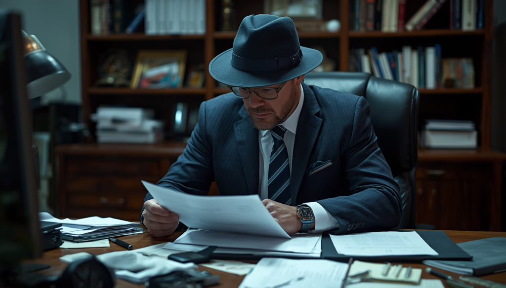 Private detective reviewing case files and legal documents in an office, illustrating Hawaii Private Detective Agency Bond requirements and professional investigations.
