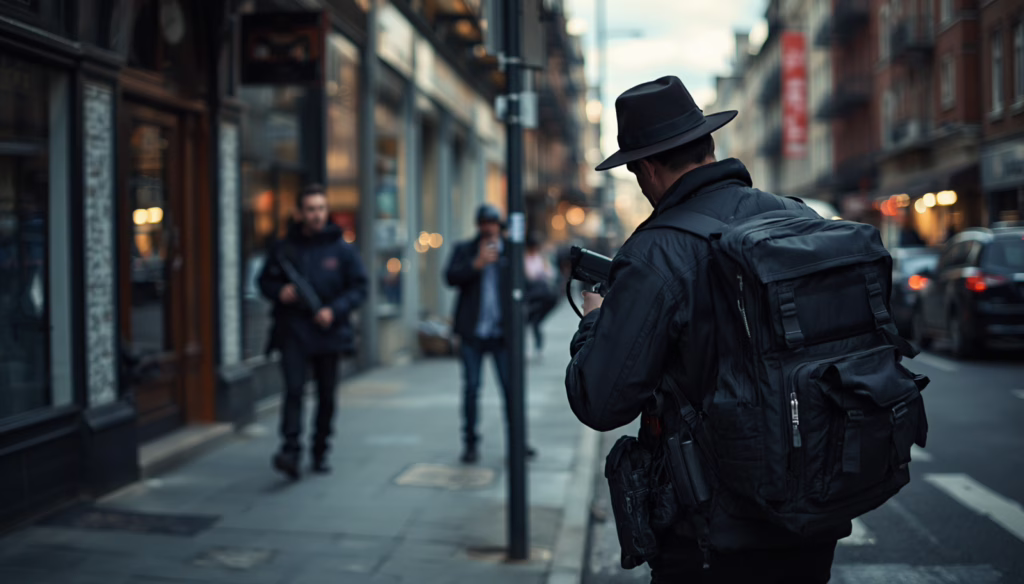 Private detective conducting surveillance in an urban setting, representing Hawaii Private Detective Agency Bond compliance and investigative services.