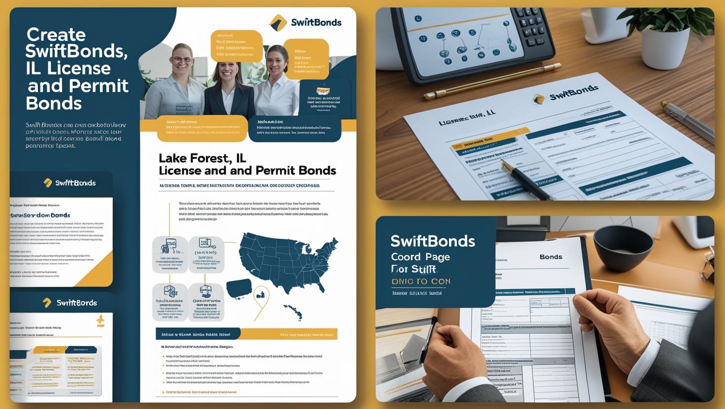 Infographic and professional imagery describing Lake Forest, IL license and permit bond applications.