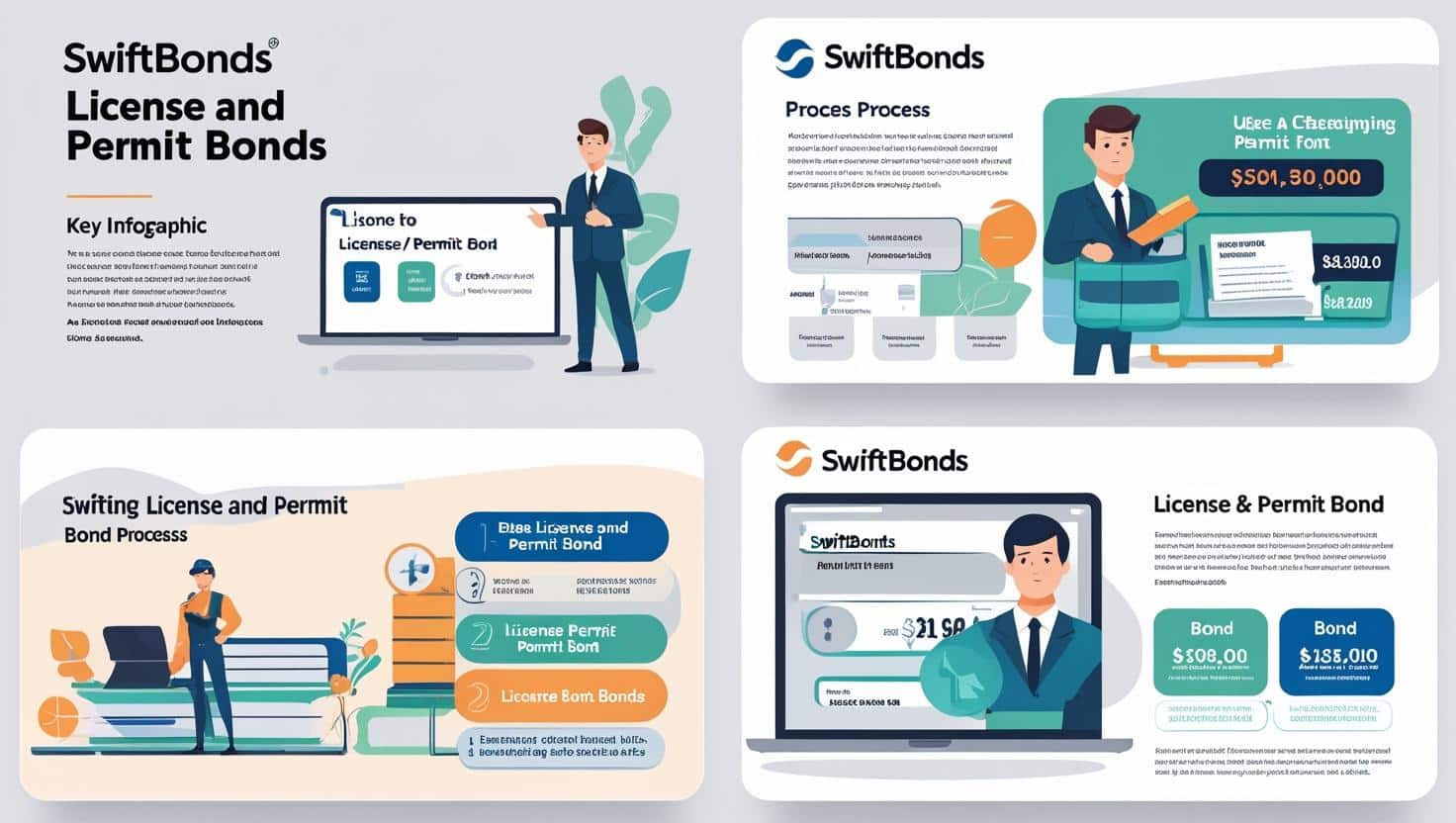 Infographic explaining the process and requirements for Lemont, IL license and permit bonds with illustrated characters and charts.