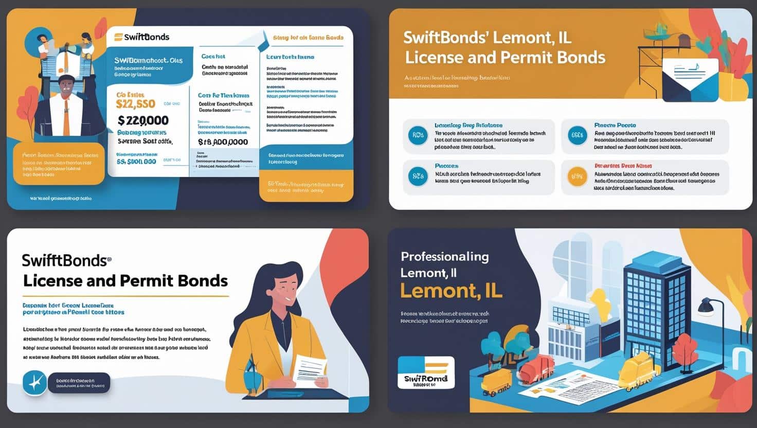 Colorful infographic highlighting SwiftBonds’ Lemont, IL license and permit bonds with costs, processes, and benefits.