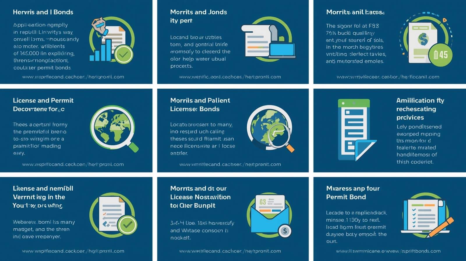Grid-style infographic highlighting steps, requirements, and details of obtaining Morris, IL license and permit bonds.